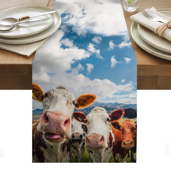 Cow Group Cotton Linen Table Runner Retro Country Cows Farm Grass Blue Sky Dining Table Runners for Home Decor Party Dining Room Restaurant Kitchen Party 13" x 90"
