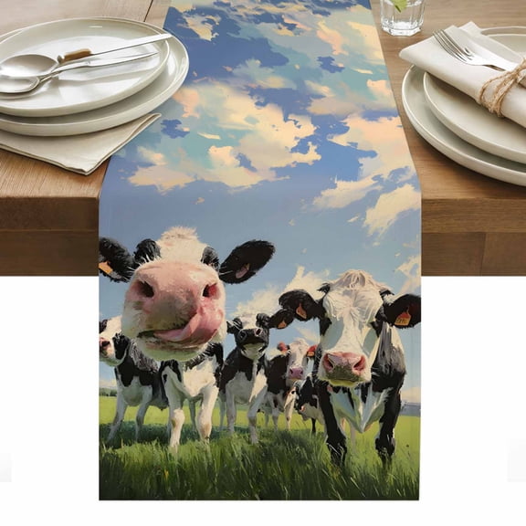 Cow Group Cotton Linen Table Runner Retro Country Cows Grass Blue Sky Dining Table Runners for Home Decor Party Dining Room Restaurant Kitchen Party 13" x 36"