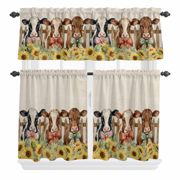 Cow Group Curtain Valances Set Retro Country Cows Grass Blue Sky Kitchen Curtains 36&nbsp;inch Length Rod Pocket Valance and Tiers 3 Piece Set Small Bedroom Bathroom Laundry Decor