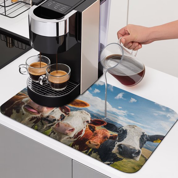 Cow Group Dish Drying Mats for Kitchen Counter, Retro Country Cows Farm Grass Blue Sky Absorbent Coffee Bar Mat with Non-slip Rubber Backed Quick Drying Dish Rack Pad 16"x18"