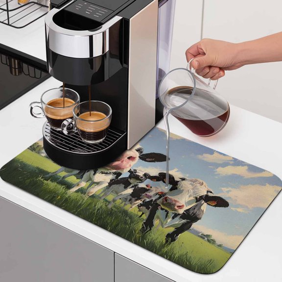 Cow Group Dish Drying Mats for Kitchen Counter, Retro Country Cows Grass Blue Sky Absorbent Coffee Bar Mat with Non-slip Rubber Backed Quick Drying Dish Rack Pad 16"x18"
