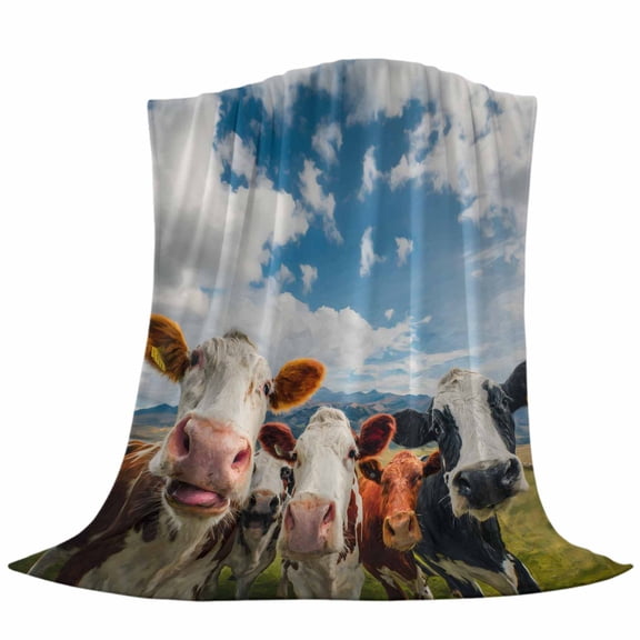 Cow Group Fleece Throw Blanket Retro Country Cows Farm Grass Blue Sky Ultra Soft Fuzzy Cozy Flannel Throw Blanket for Couch Sofa Bed Car Travel, Ideal Gifts 40x50 Inches