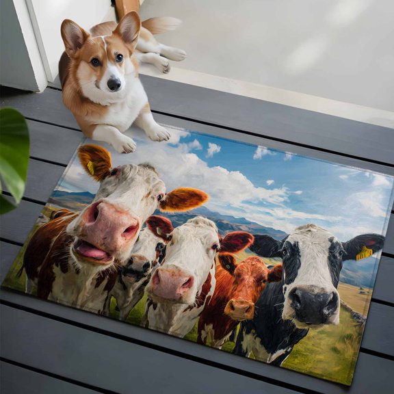 Cow Group Front Door Rugs 2x3 ft Retro Country Cows Farm Grass Blue Sky Small Rug for Entryway Non Slip Washable Bathroom Door Mat Absorbent Floor Mat for Indoor Entrance