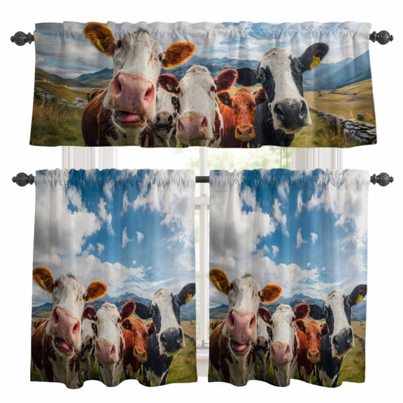 Cow Group Kitchen Curtains Set for Windows, Retro Country Cows Farm Grass Blue Sky Curtains Valance and Tier 3 Piece Set Small Drapes 24 Inch Length for Kitchen Bedroom Decor