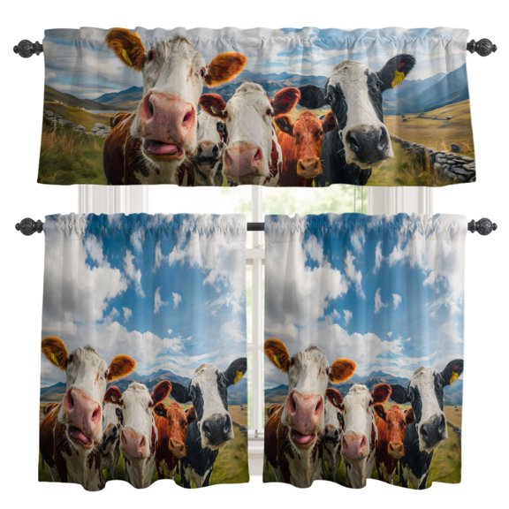 Cow Group Kitchen Curtains Valances 3 Piece Set, Retro Country Cows Farm Grass Blue Sky Rod Pocket Tier Curtain and Valance Drapes for Small Window 36 Inch Length for Bedroom Cafe