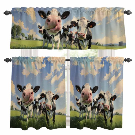 Cow Group Kitchen Curtains Valances and Tiers Set of 3 Retro Country Cows Grass Blue Sky Tier Curtains and Valance with Rod Pocket for Small Windows, 27.5"x24"