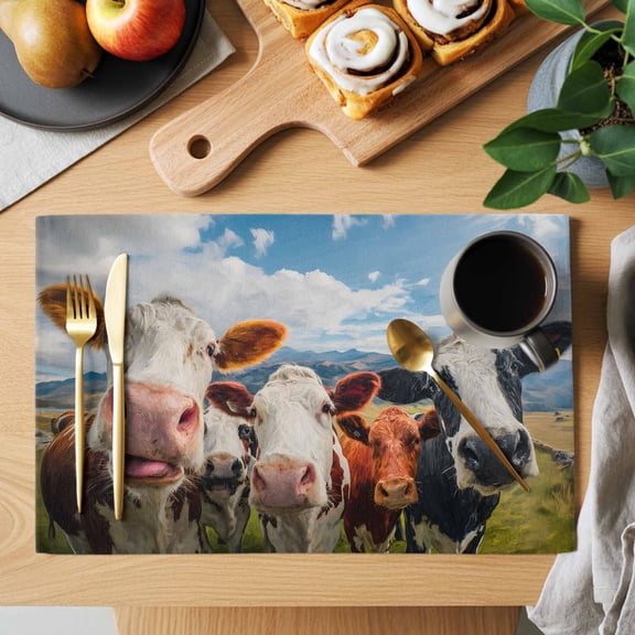 Cow Group Placemats Set of 1, Retro Country Cows Farm Grass Blue Sky Heat Insulated Linen Place Mats, Washable Stain-Proof Table Mats for Dining Tables Holiday Decor 13x19 Inches