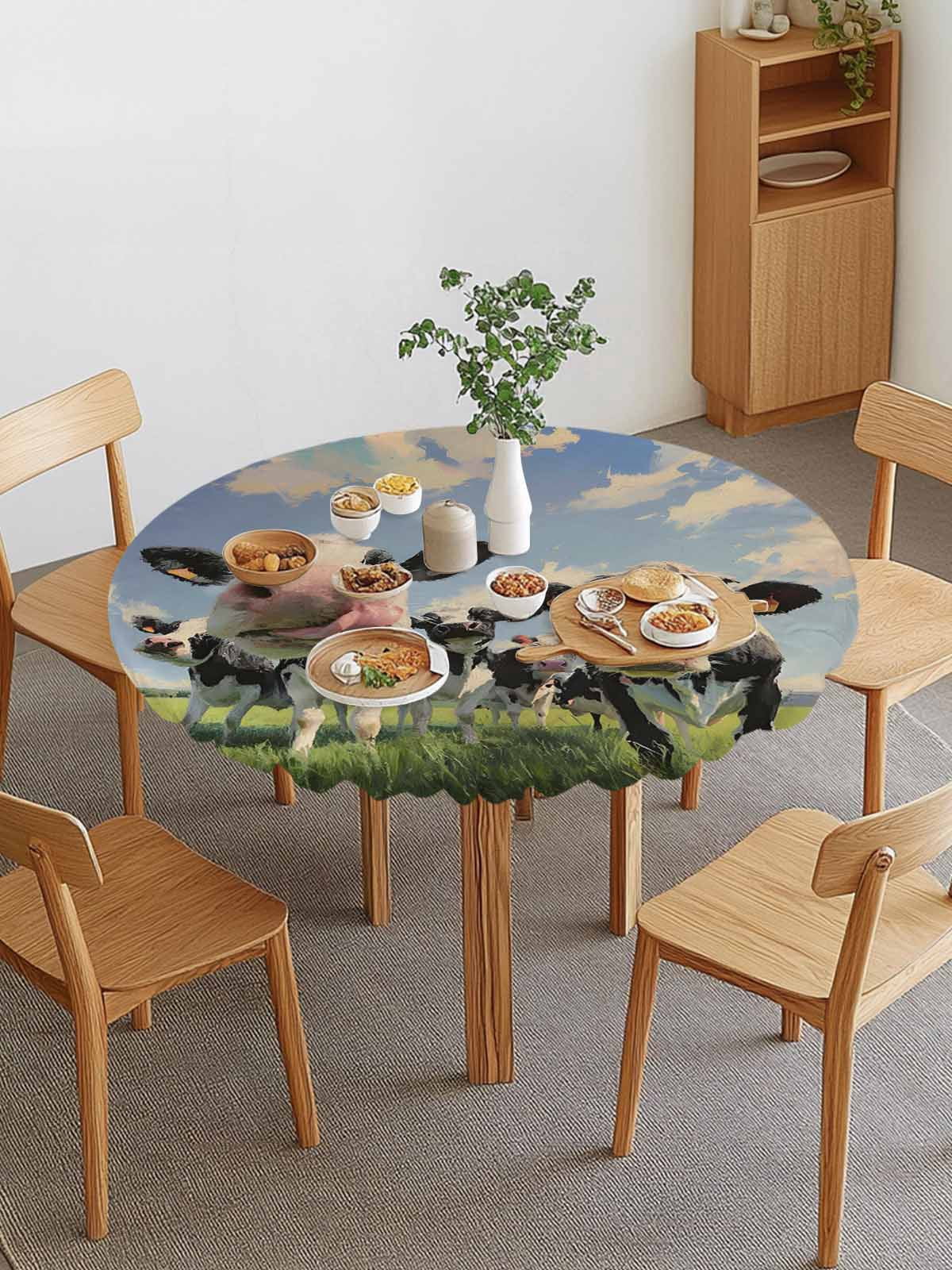 Cow Group Round Fitted Tablecloth with Elastic Edge, Retro Country Cows ...