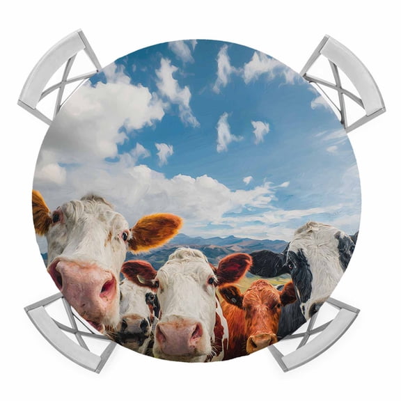 Cow Group Round Table Cover, Retro Country Cows Farm Grass Blue Sky Waterproof Fitted Tablecloths for 36"-44" Tables, Washable Picnic Table Cover for Camping Dining Indoor Outdoor