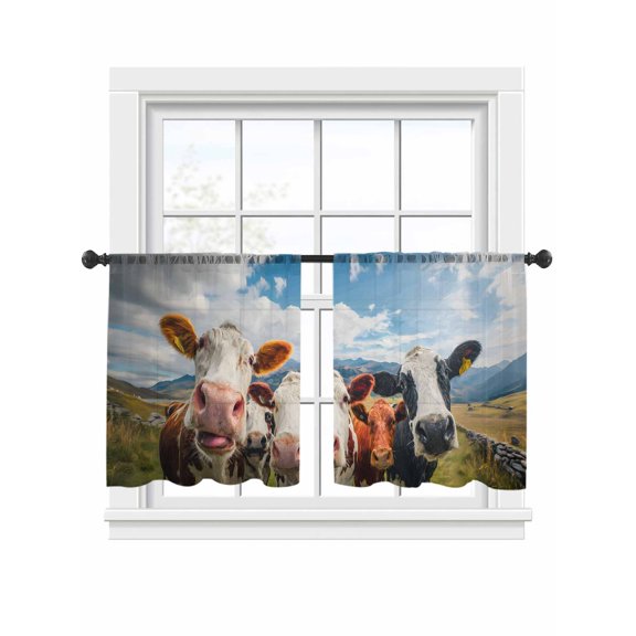 Cow Group Sheer Curtains 2 Panels Set Retro Country Cows Farm Grass Blue Sky Sheer Window Curtains Light Filtering Rod Pocket Voile Drapes for Bedroom Living Room 52"x45"