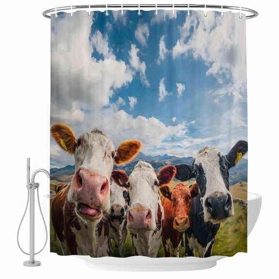 Cow Group Shower Curtain for Bathroom, Retro Country Cows Farm Grass Blue Sky Waterproof Cloth Fabric Bathroom Accessories Set with 9 Rust Proof Plastic Hooks, 36"x72"