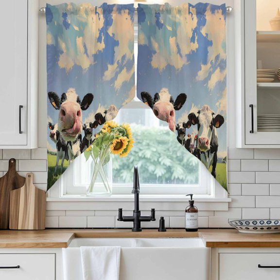 Cow Group Swag Curtain Valance for Windows, Retro Country Cows Grass Blue Sky Window Treatments Short Swag Topper for Kitchen Windows Bathroom Bedroom, 28"x36"