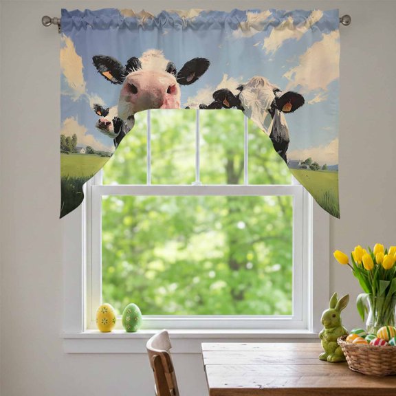 Cow Group Swag Valances for Kitchen Window, Retro Country Cows Grass Blue Sky Small Swag Valances Rod Pocket Curtain Drapes Window Treatment for Bedroom Bathroom, 56x36 Inch