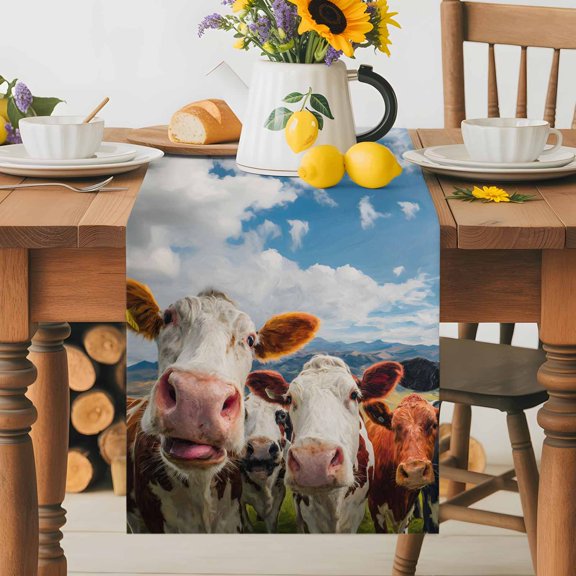 Cow Group Table Runner 13x36 Inch Retro Country Cows Farm Grass Blue Sky Cotton Linen Dining Table Runner Ideal for Dresser Kitchen Coffee Tables - Machine Washable