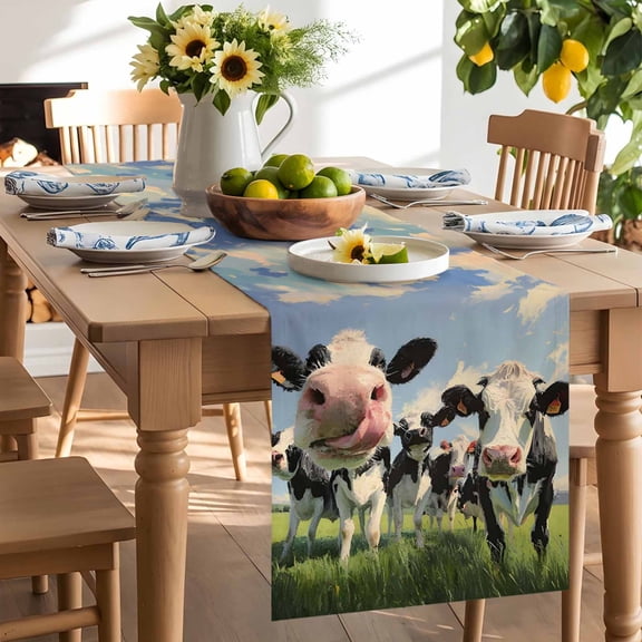 Cow Group Table Runner, Retro Country Cows Grass Blue Sky Washable Kitchen Table Runners Dress Scarves for Dining Table Decorations Party/Restaurant/Indoor Outdoor Use, 13x36in