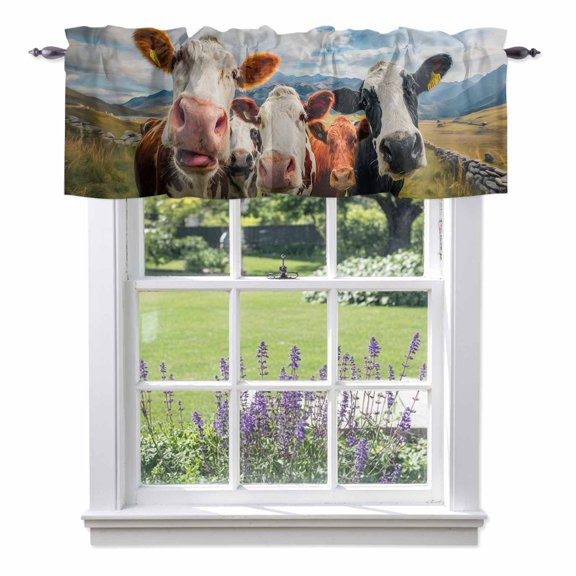 Cow Group Valance Curtain Retro Country Cows Farm Grass Blue Sky Window Valances Rod Pocket Short Curtains Window Treatments for Kitchen Bedroom Bathroom Laundry 42" x 12"