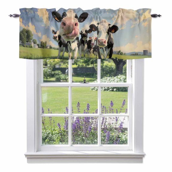 Cow Group Valance Curtain Retro Country Cows Grass Blue Sky Window Valances Rod Pocket Short Curtains Window Treatments for Kitchen Bedroom Bathroom Laundry 42" x 12"