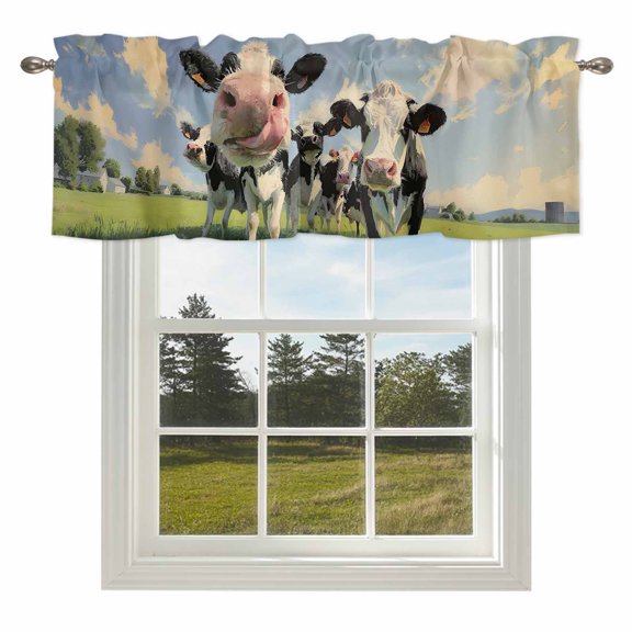 Cow Group Valances for Windows, 42x12in, Retro Country Cows Grass Blue Sky Rod Pocket Kitchen Valance Curtain Light Filtering Window Treatments for Living Room Bedroom