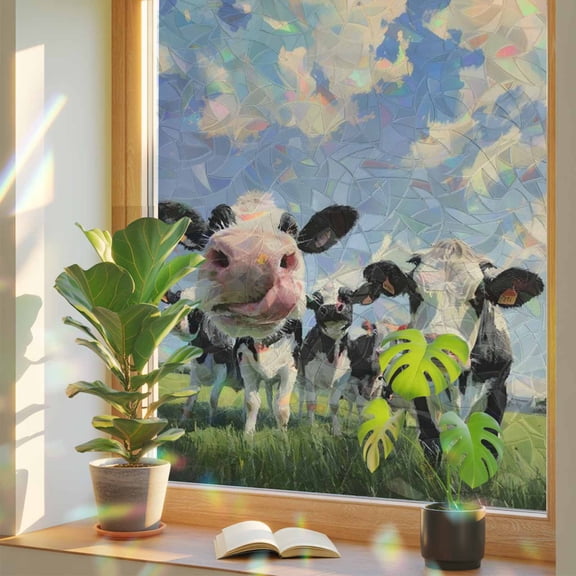 Cow Group Window Privacy Film, Retro Country Cows Grass Blue Sky Stained Glass Rainbow Film Decorative Window Clings, Static Cling Sun Blocking Stickers 17.7" x 39.3"