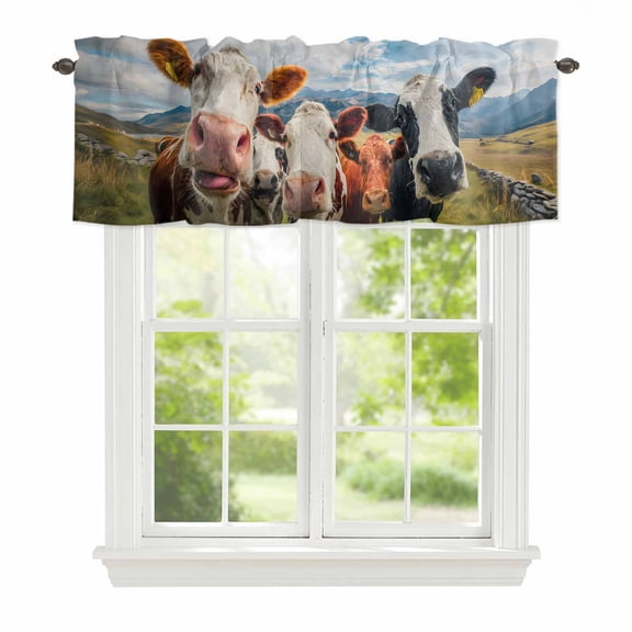Cow Group Window Valance for Kitchen, Retro Country Cows Farm Grass Blue Sky Rod Pocket Short Curtain for Small Windows, Light Filtering Decorative Valance, 60 x 14 Inch, 1 Panel