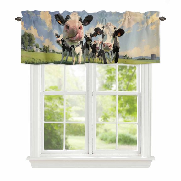 Cow Group Window Valance for Kitchen, Retro Country Cows Grass Blue Sky Rod Pocket Short Curtain for Small Windows, Light Filtering Decorative Valance, 56 x 16 Inch, 1 Panel
