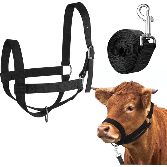 Cow Halter Cattle Halters Adjustable Calf Halter with Leading Rope for Miniature Horse Donkey Goat Foal Nylon Cattle Training Supplies (Black L)
