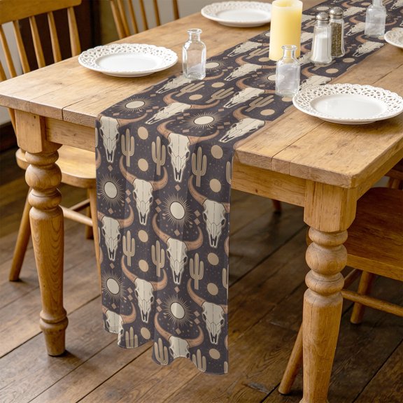 Cow Head 10ft Cheesecloth Table Runner for Wedding 27"x120", Cactus Sun Moon Kitchen Dinner Sheer Tulle Chiffon Dresser Scarf, Holiday Party Decorations