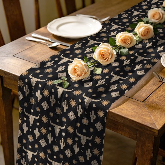 Cow Head 4.5 ft Cheesecloth Table Runner for Wedding 19"x55", Cactus Sun Moon Kitchen Dinner Sheer Tulle Chiffon Dresser Scarf, Holiday Party Decorations