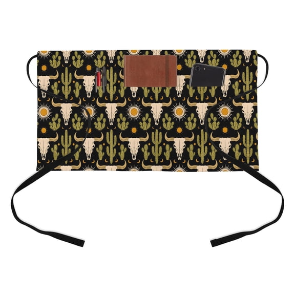 Cow Head Kitchen Restaurant Half Waist Apron, Cactus Sun Moon Server Short Apron with 3 Pockets Waterproof Oil Waist Aprons for Women Waitress Waiter