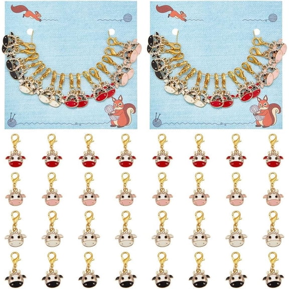 Cow Head Pendant Stitch Markers Alloy Enamel with Rhinestone Crochet Lobster Clasp Charms Locking Stitch Marker with Wine Glass Charm Ring 2.6cm