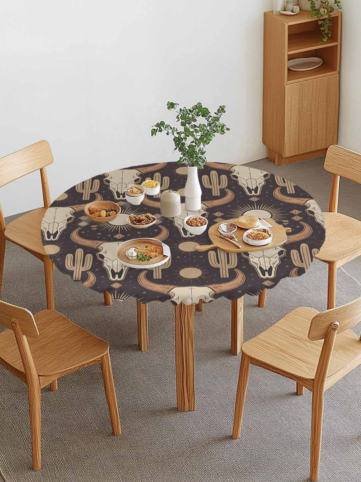 Cow Head Round Fitted Tablecloth with Elastic Edge, Cactus Sun Moon ...
