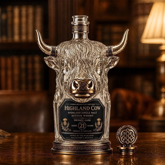 Cow Head Shaped Glass Whiskey Decanter Hand Blown Liquor Bottle with Stopper Collectible Home Bar Display Gift