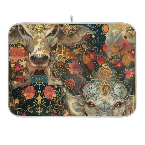 Cow Head and Flower Dish Drying Mat 16x18 Absorbent Microfiber Draining Rack Pad for Kitchen Counter Sink