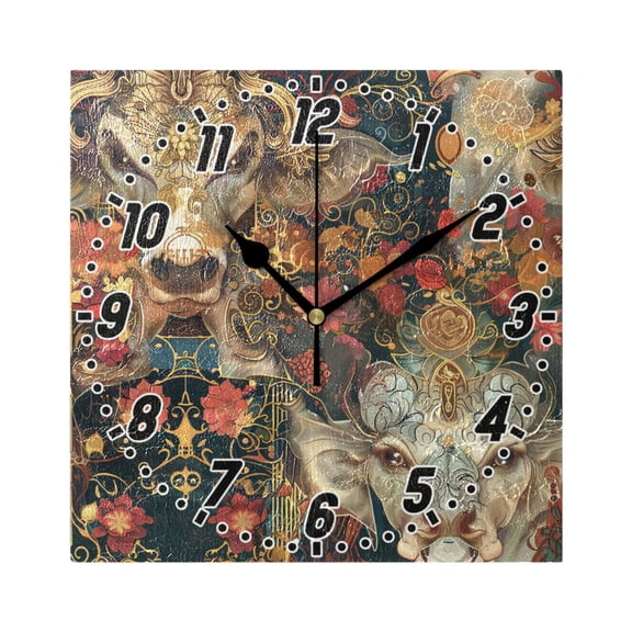 Cow Head and Flower Wall Clock Battery Operated Silent Non-Ticking Bedroom Office Kitchen Home School Decor 7.8"(Black)