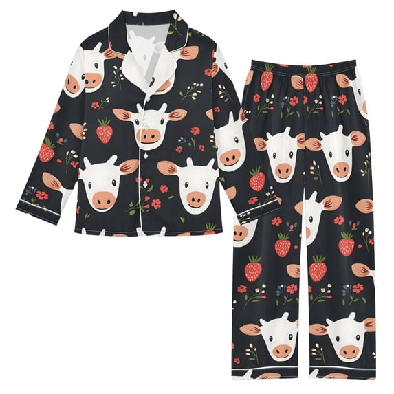 Cow Db Cow Heads Pattern Satin Pajama Set Soft Breathable Button Down 2 Piece ...