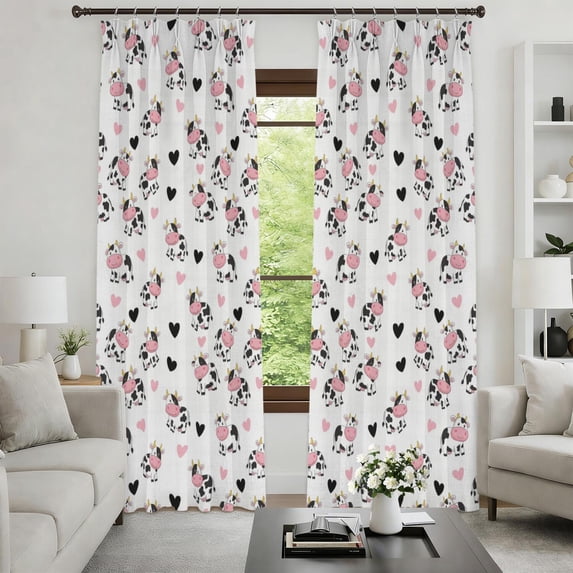 Cow Db Cow and Heart White Pattern Pinch Pleat Semi Sheer Linen Curtains, Semi ...