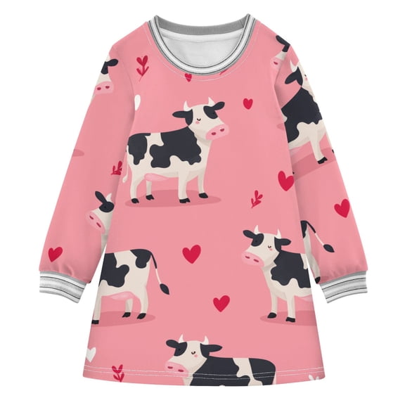 Cow Hearts on Pink Background Valentine Long-sleeved Dress A-line One-Piece Dress for 2-8 Years Casual Party 2T
