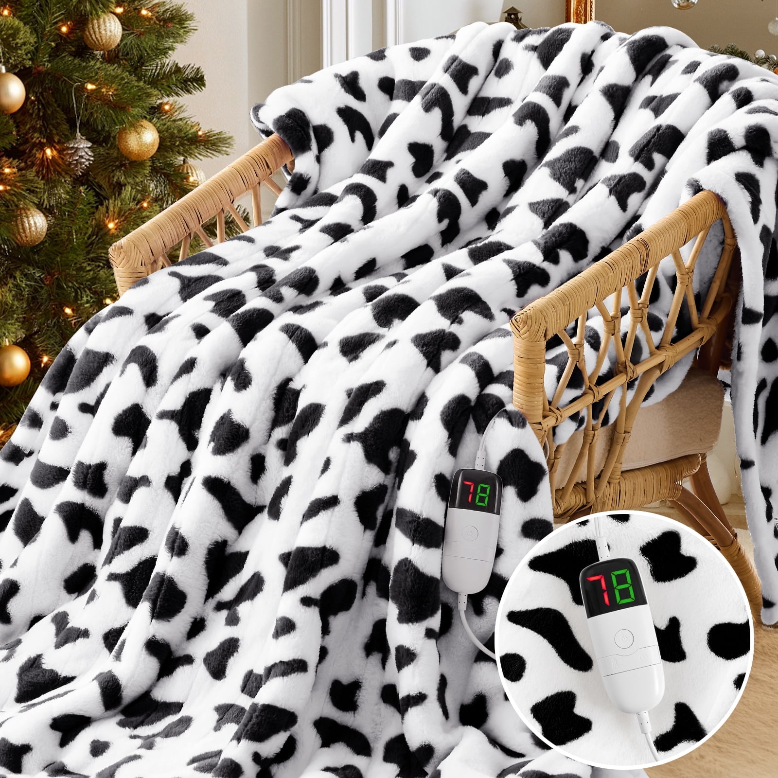 Cow Heated Blanket Electric Blanket Throw Faux Fur Heating