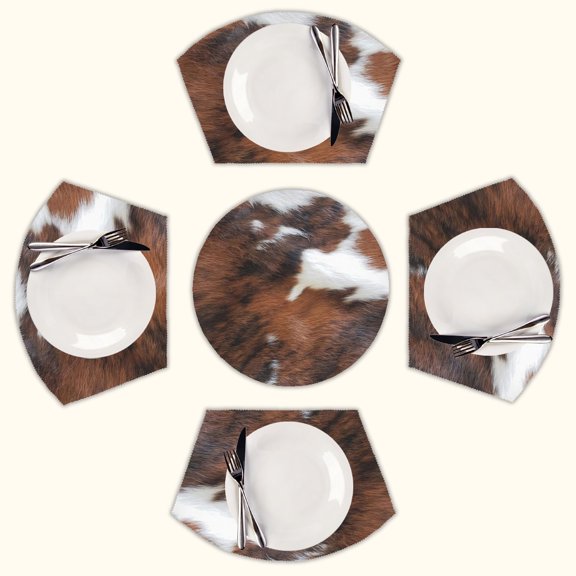 Cow Hide Brown & White Round Table Placemats Set Of 5 Wedge Table Mats Washable Heat Resistant Place Mat For Dining Table Kitchen Farmhouse Restaurant