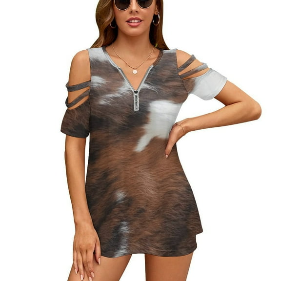 Cow Hide Brown & White Womens Summer V Neck Zipper Top Short Sleeve T Shirt Off Shoulder Top Casual Classy Loose Shirts