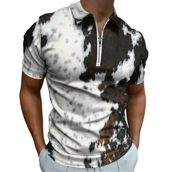 Cow Hide Men Zipper T-shirt Summer Casual Short Sleeve T-shirt Top