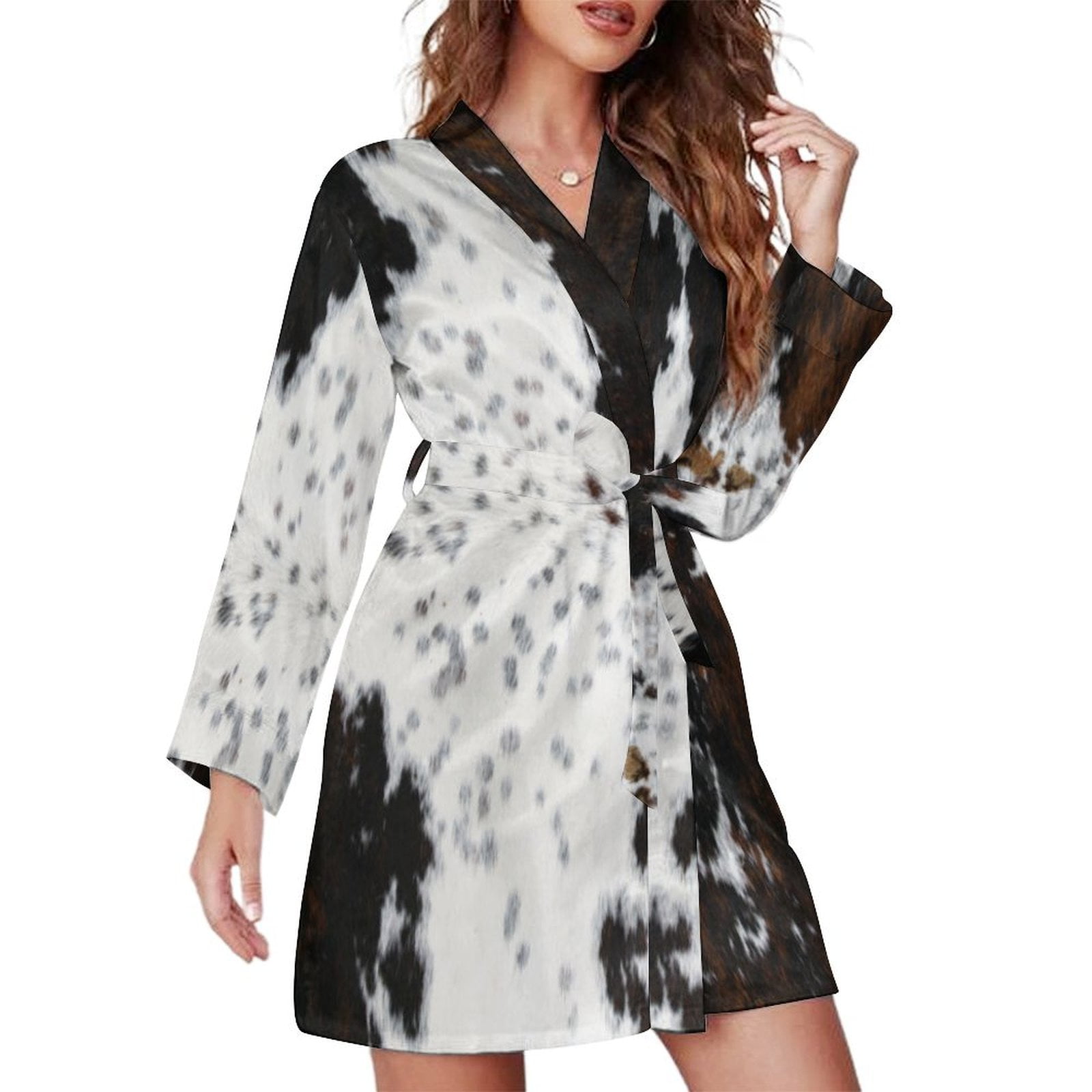 Cow Hide Night Robe Long Sleeve V Neck Robe With Belt Women's Sleepwear ...