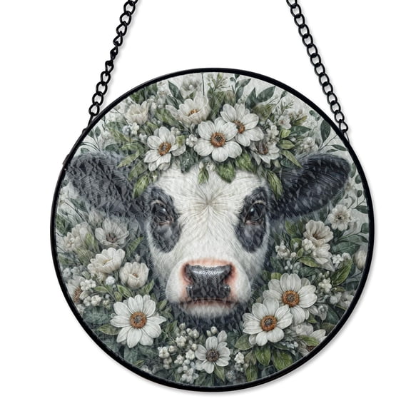 Cow Holstein Dairy Farm Suncatcher Stained Glass Style UV Printed Glass Rustic Kitchen Decor Round