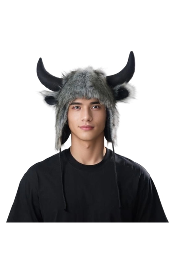 Cow Horn Ear Hat For Adult Unisex Cosplay Party Warm Plush Earflaps Hat for Winter Activity Masquerade Event Headpiece
