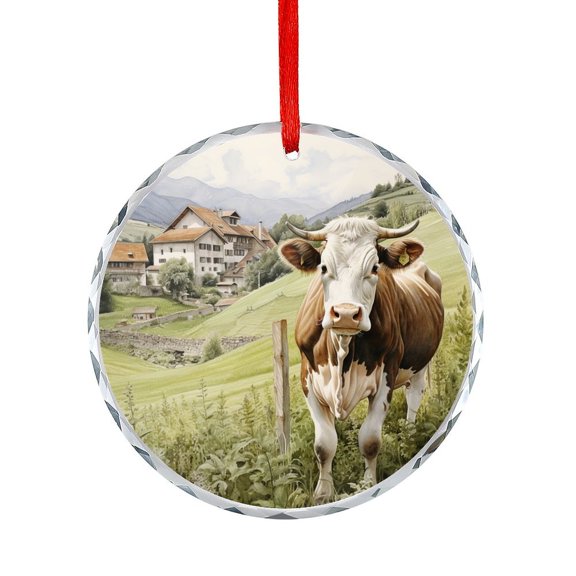 Cow In The Country Crystal Glass Ornament Farmhouse Cow Round Glass Hanging Ornament Hanging Craft Collectibles for Xmas Trees Home Party Gifts