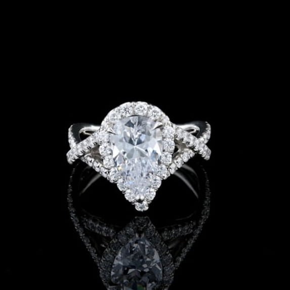 Cow Jewel 14K White Gold 1.7 Ct Pear Cut Diamond Ring - Halo Engagement Wedding Split Shank Ring - Gorgeous Criss Cross Anniversary Gift for Women