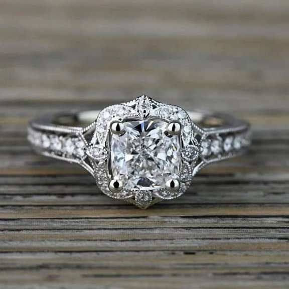 Cow Jewel 14K White Gold 1.90 Ct Cushion Cut Diamond Ring - Solitaire with Halo Engagement Ring - Women's Toi Et Moi Bridal Ring - Beautiful Accent Design for Weddings