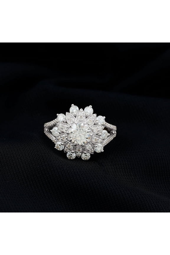 Cow Jewel 14K White Gold Diamond Anniversary Ring - Prong Set 2.9 Ct Round Cut Diamond Engagement Ring - Anniversary Gifts for Wife - Cocktail Sunflower Wedding Ring for Women's