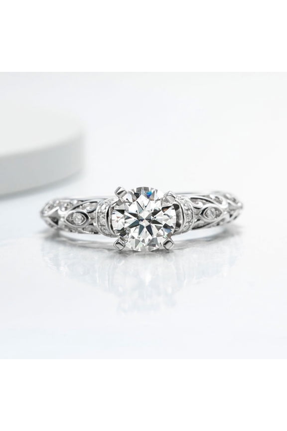 Cow Jewel 14K White Gold Diamond Rings - 1 Ct Round Brilliant Cut Diamond Rings - Vintage Style Designer Rings with Milgrain Detailing - Women's Solitaire with Accent Ring