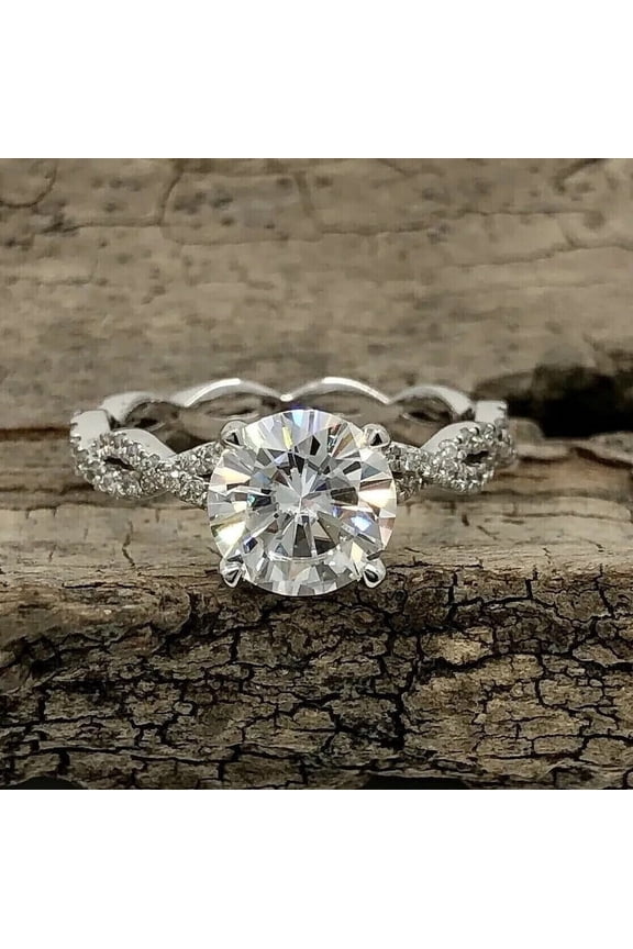 Cow Jewel 14K White Gold Wedding Anniversary Ring - 1.7 Ct Round Cut VVS1/D Diamond Solitaire - Criss-Cross Infinity Design Engagement Ring - New Year Gift for Her